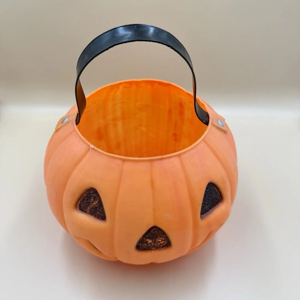 Vintage Renzi 2-Sided Halloween Blow Mold Pumpkin Witch Candy Pail Bucket Retro